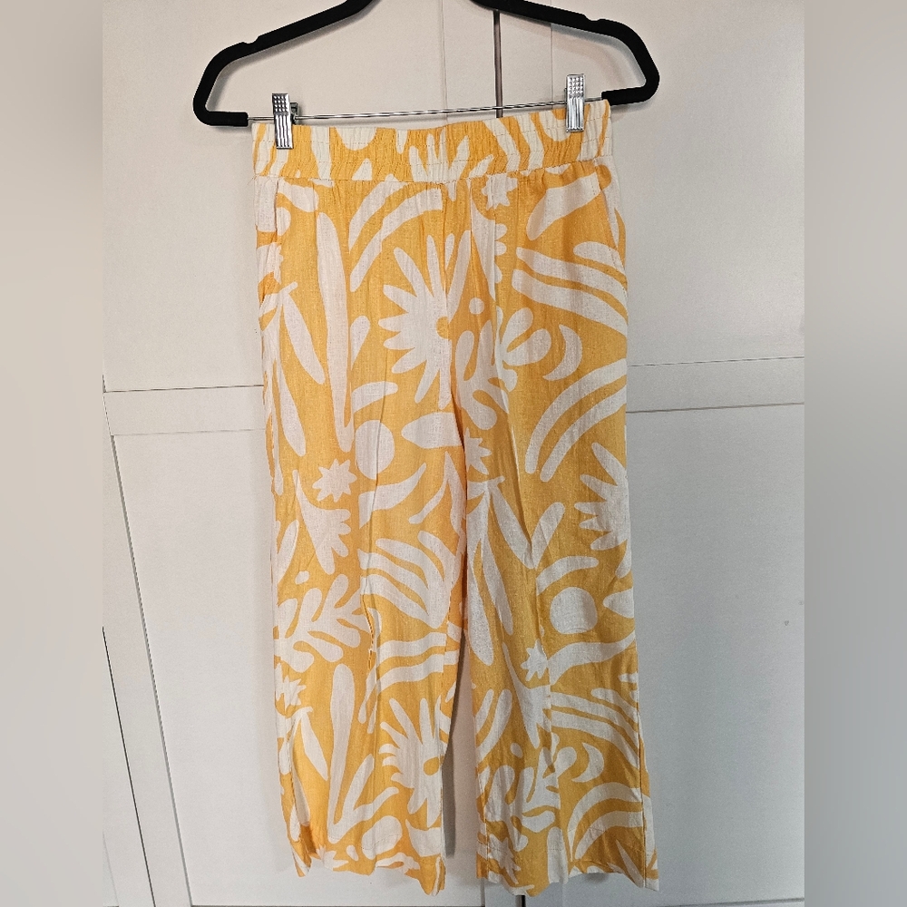 Christian Siriano Yellow Floral Linen Blend Cropped Capri Pants Sz M 24 Inseam - Picture 2 of 10